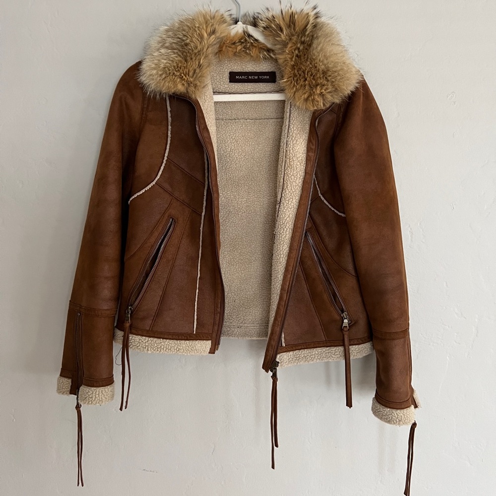 BEAUTIFUL Marc New York Faux Shearling Coat with real Coyote fur collar